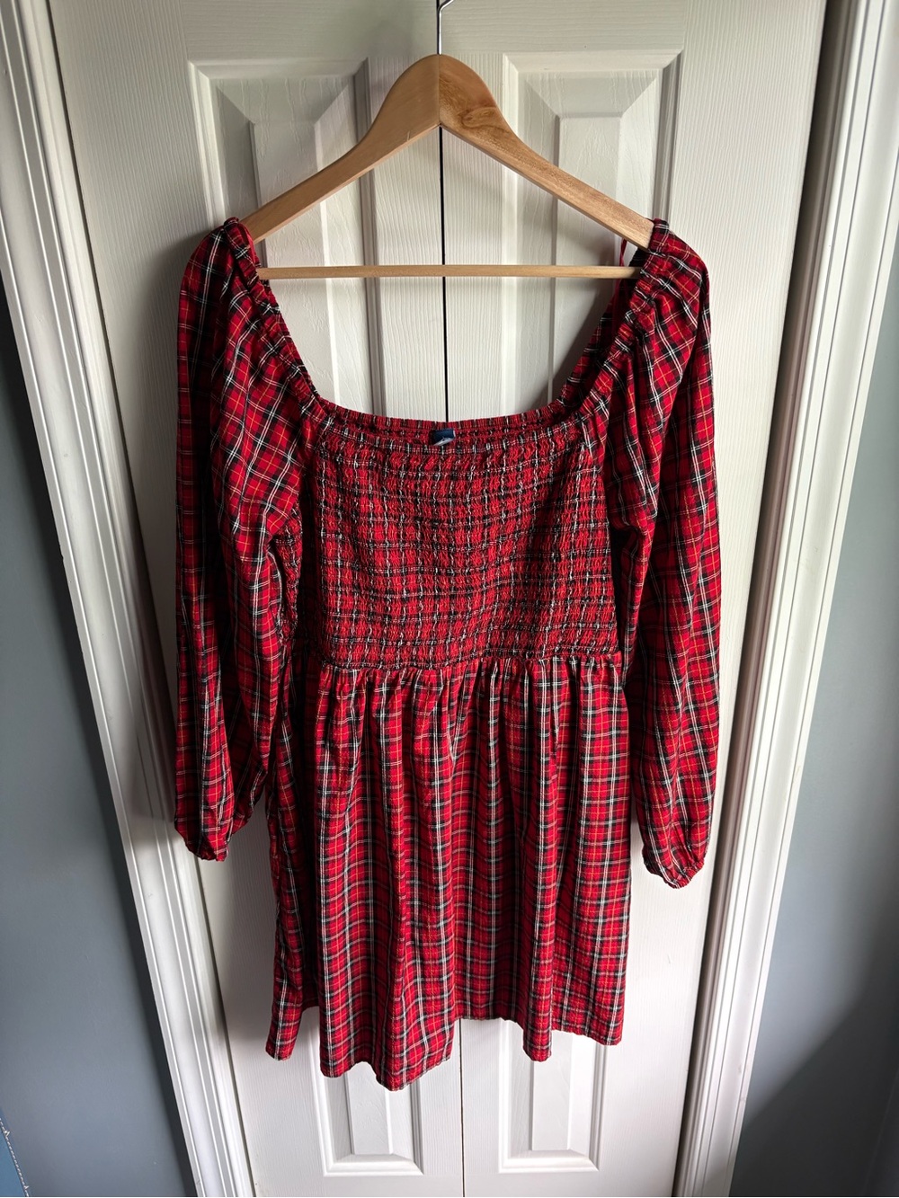 Old Navy Red Plaid Fit & Flare Long Sleeve Mini Dress Holiday Party Large NWT
